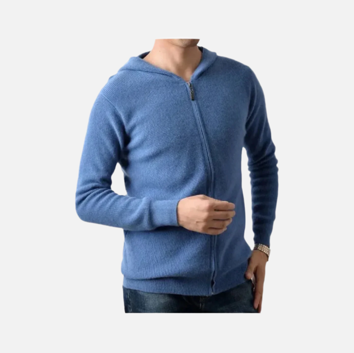 Blå Merino Ull Zip Hoodie
