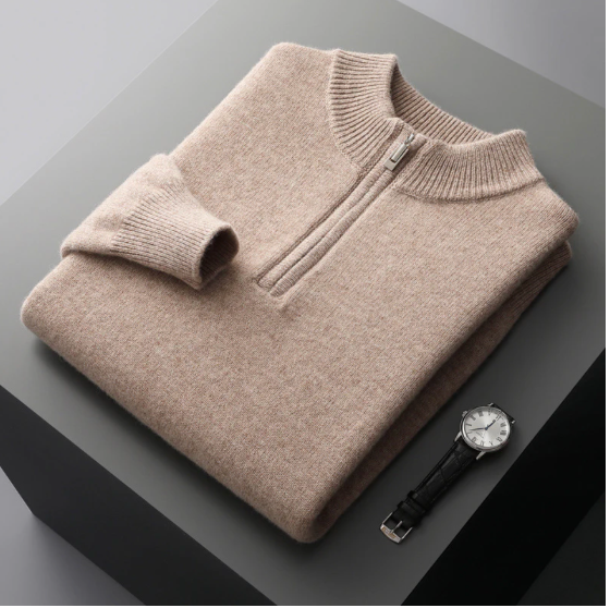 Beige Merino Ull Quarter Zip